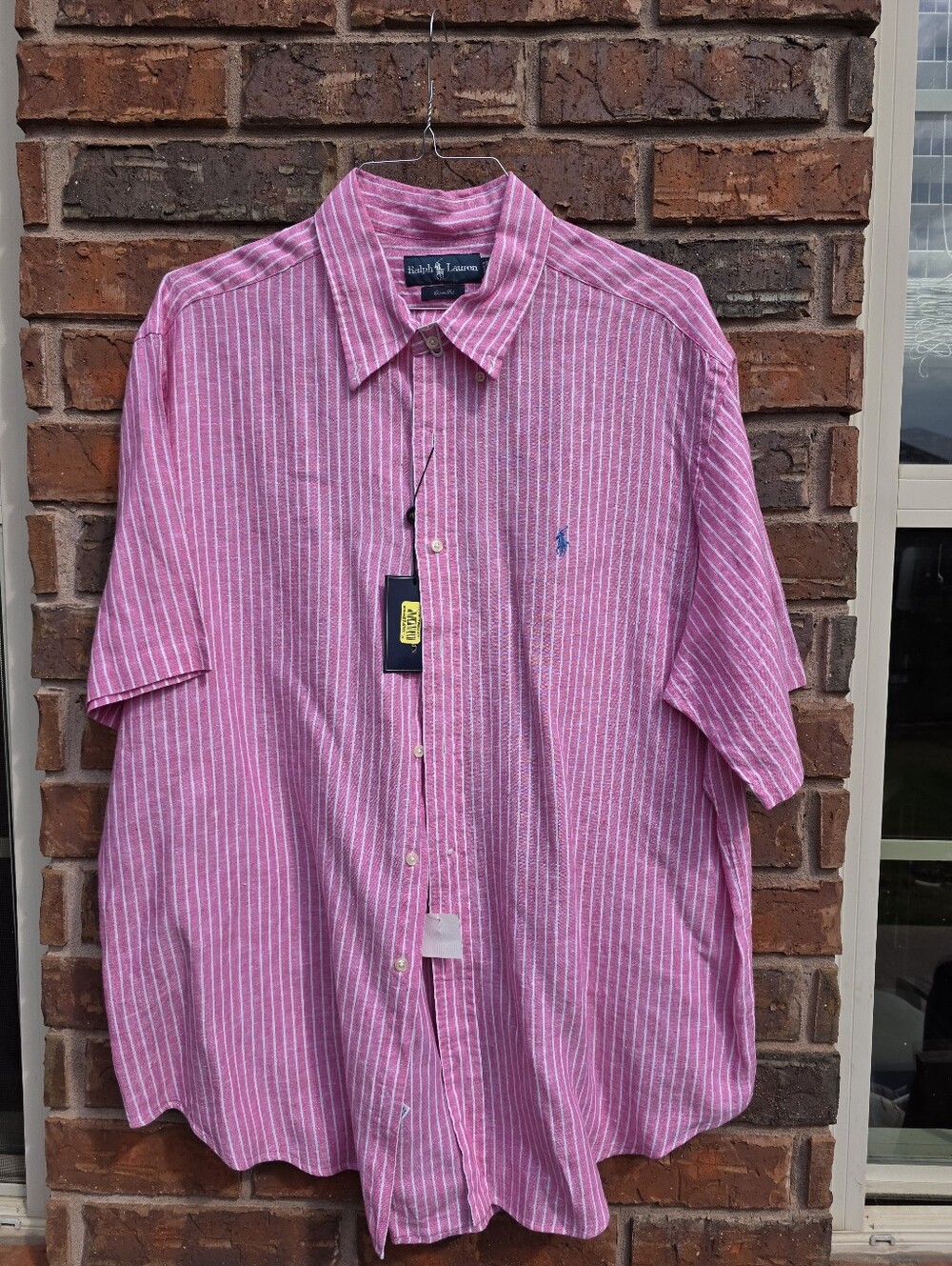 NWTRalph Lauren Mens XXL Pink White Striped Linen Short Sleeve Button Down Shirt